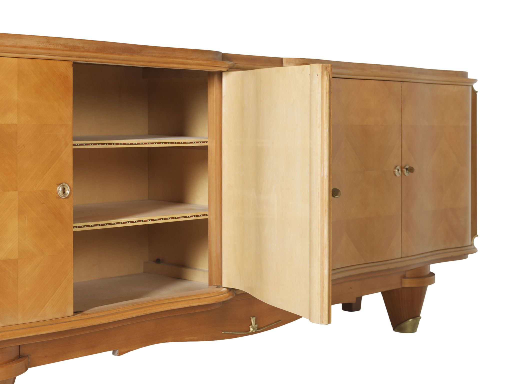 Dining room suite in sycamore, French Art Deco in the style of André Arbus, circa 1940.