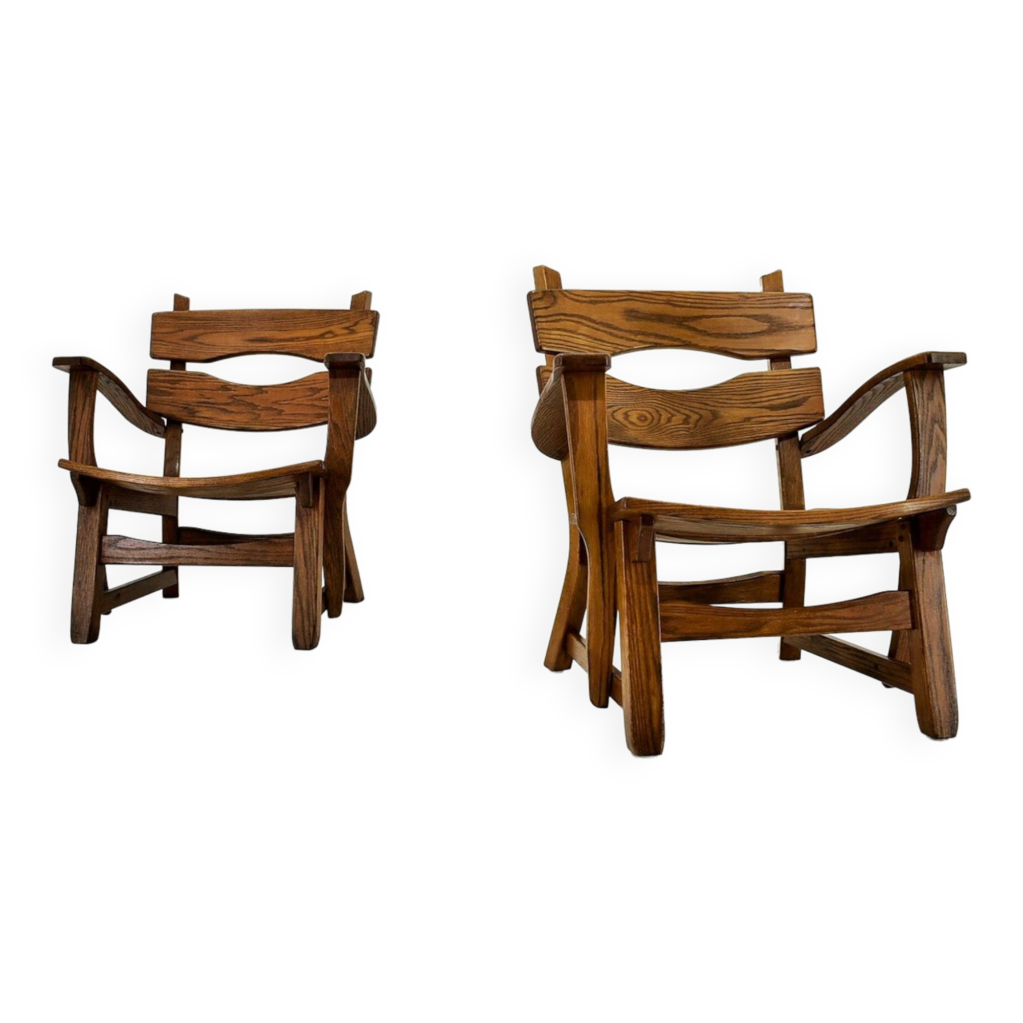 Paire de fauteuils lounge brutalistes en chêne massif par Dittmann & Co., 1970s