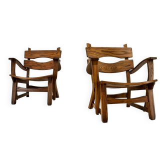 Pair brutalist solid oak lounge chairs by dittmann & co., 1970s