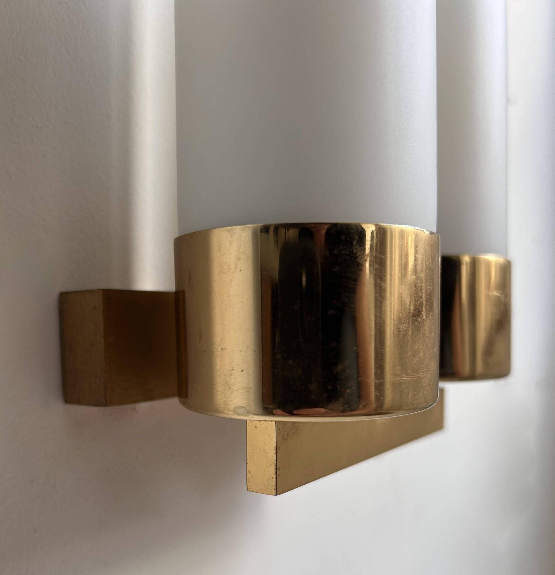 Vintage double wall lamp, brass and opaline, Leuchten Neuhaus Germany 1960
