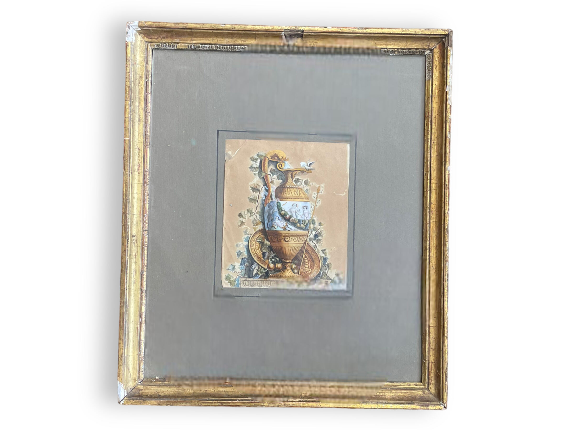 Watercolor XIXth Fountain at Antique Signed H. Lozé