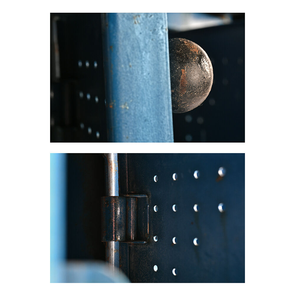 Blue metal workshop furniture with 48 bins