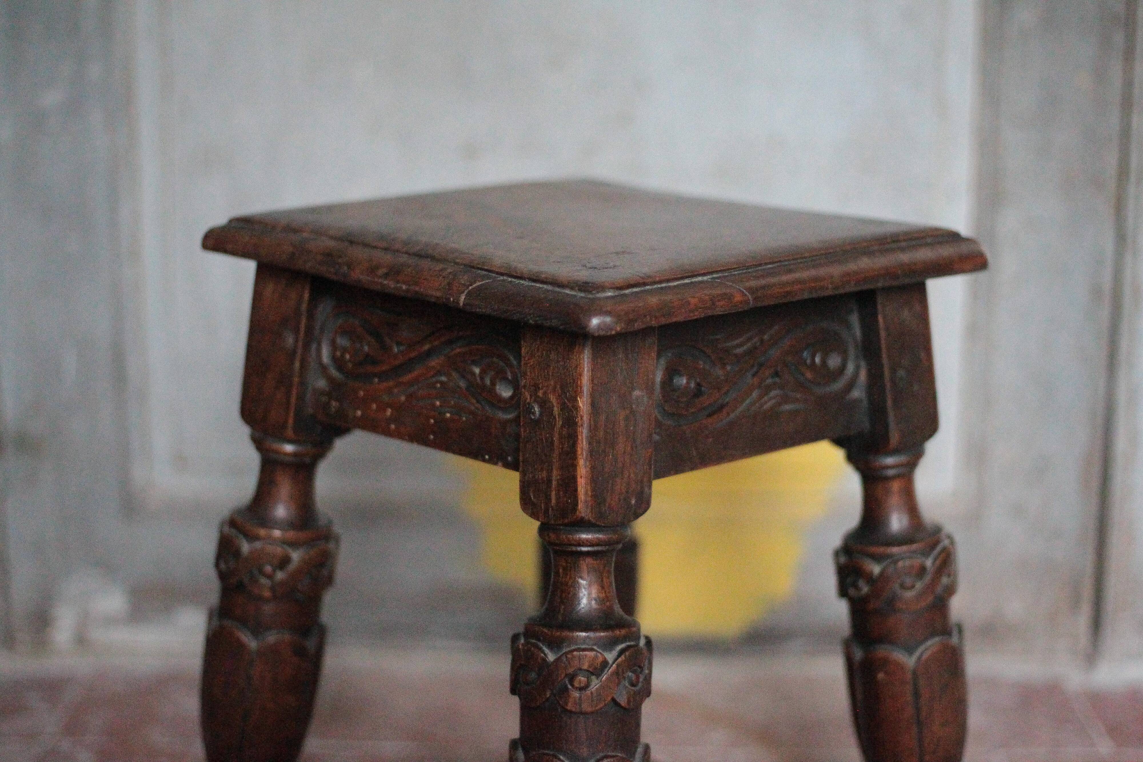 Antique wooden stool in Elizabethan English style, occasional stool