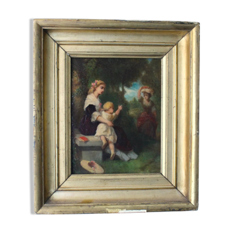 Jean-Baptiste Fouque (1819 - 1880) "Stroll in the Garden" oil on panel