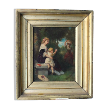 Jean-Baptiste Fouque (1819 - 1880) "Stroll in the Garden" oil on panel