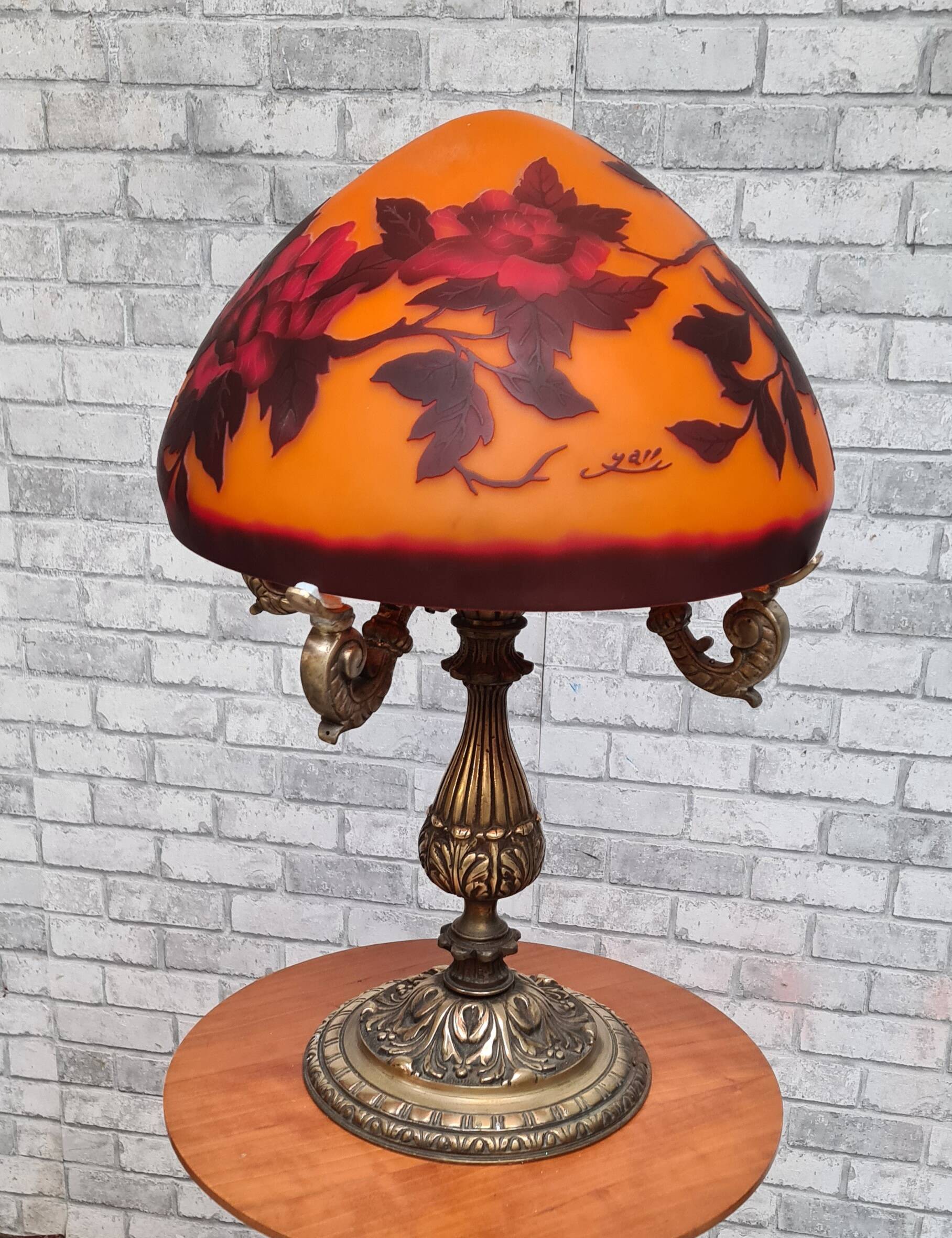 large bronze mushroom lamp with magnificent glass paste signed 7kg h51x33