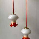 Ensemble de 4 suspensions tulipes en opaline orange dégradé fil orange et blanc années 70