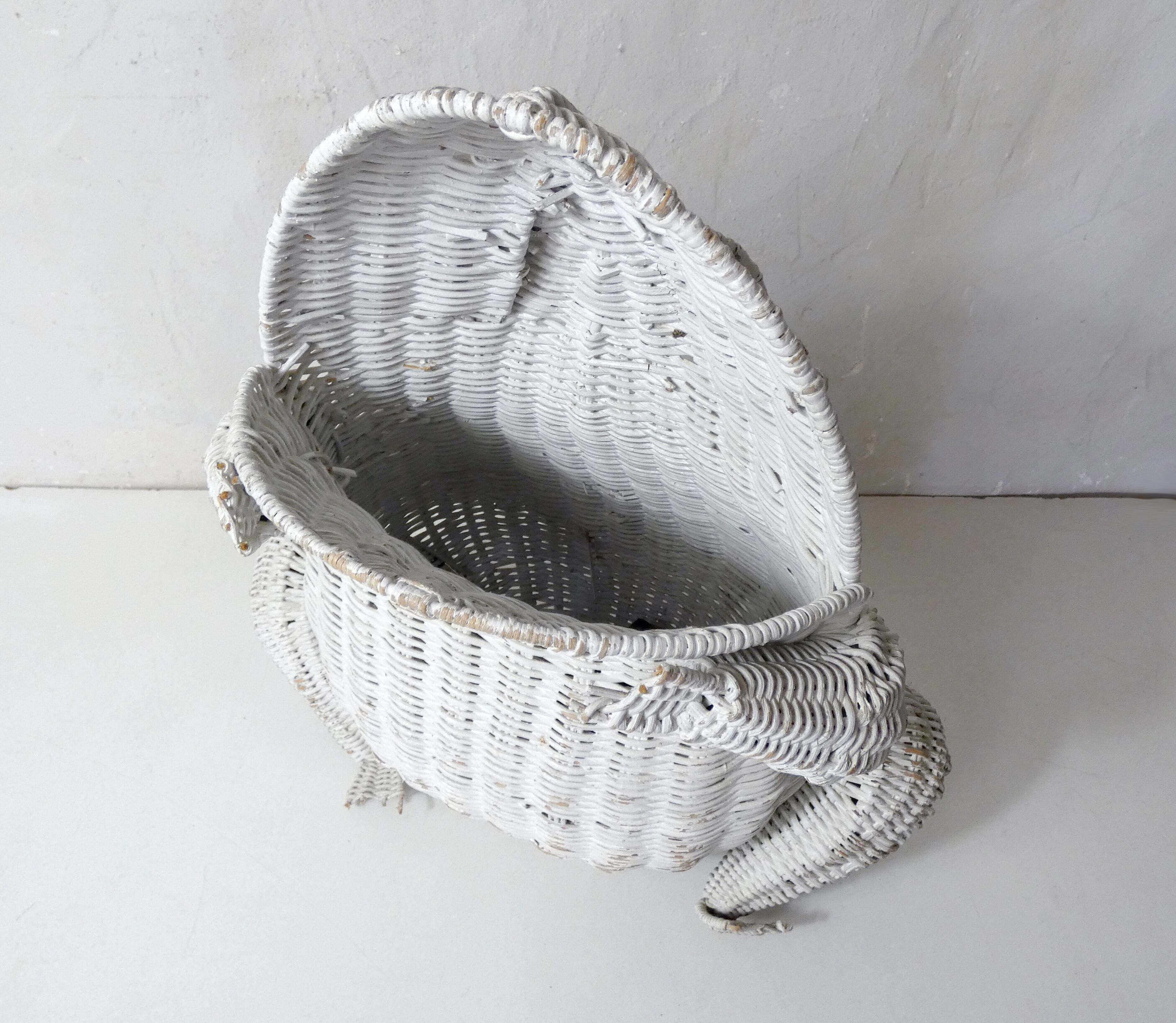 Corbeille à papier grenouille vintage en rotin blanc