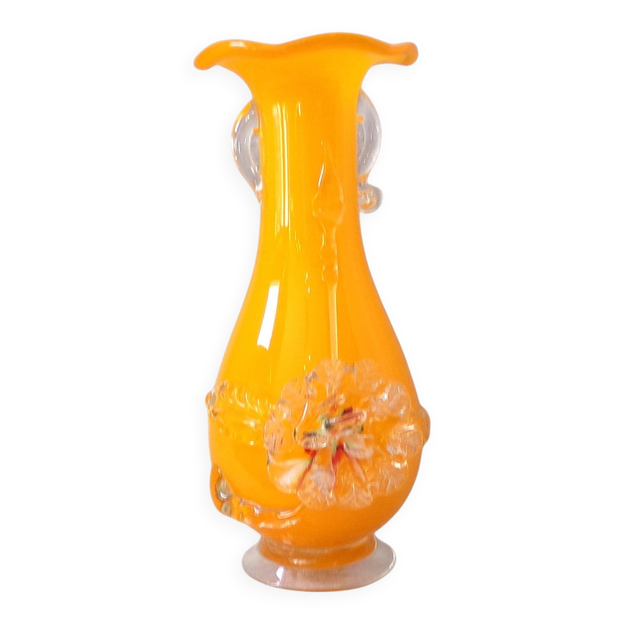 Vase orange Murano fait main avec détails floraux en verre transparent