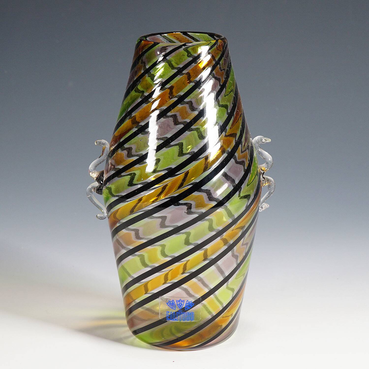 Glass vase "a canne" by Fratelli Toso with handles, Murano, Italy, circa