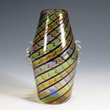 Glass vase "a canne" by Fratelli Toso with handles, Murano, Italy, circa