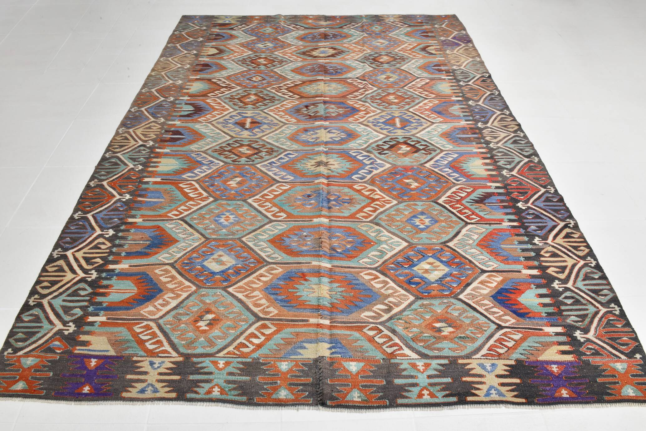 7x10 Green & Blue Geometric Pattern Kilim Rug, 222x303Cm