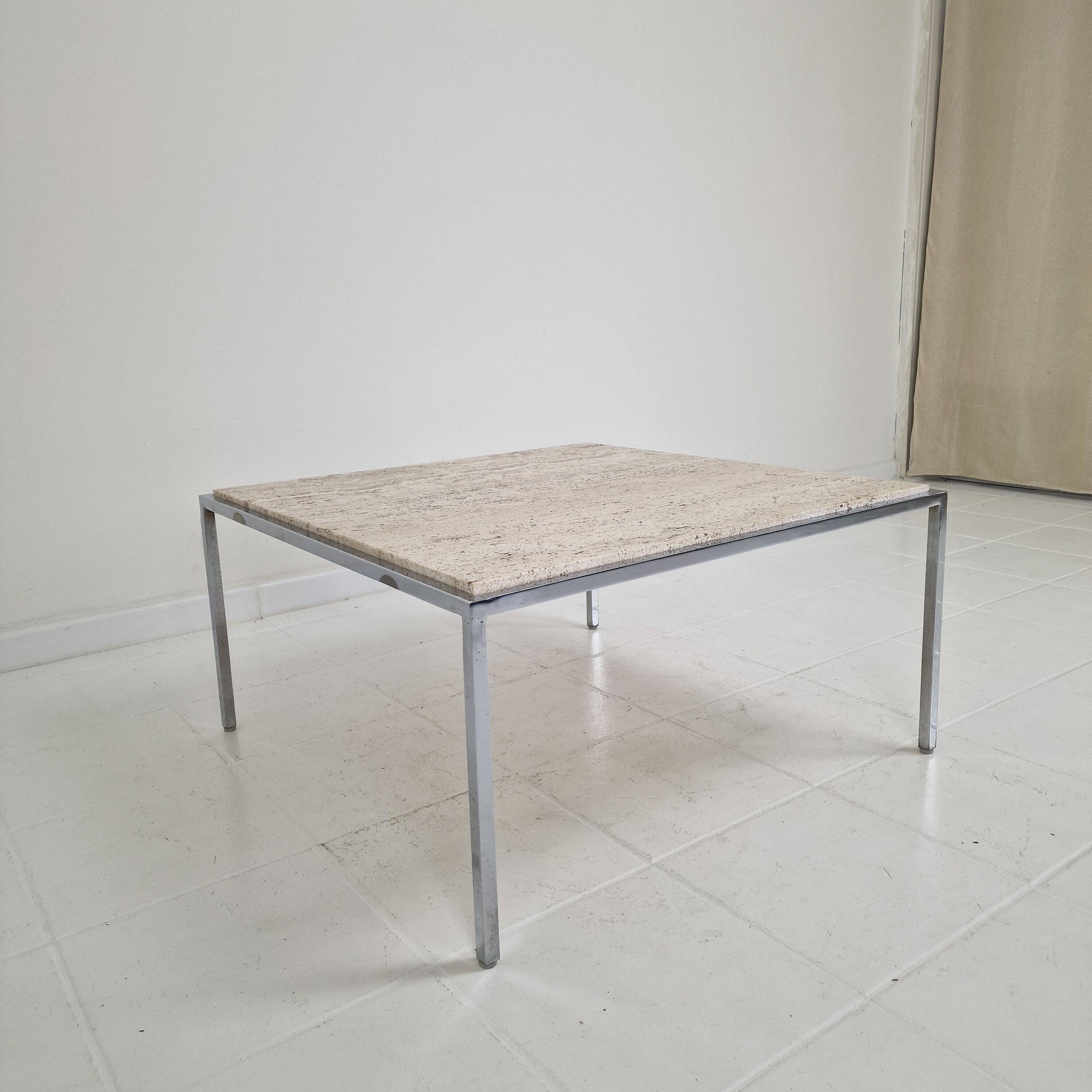 Italian Square Travertine Coffee Table with Steel Base, 1980's