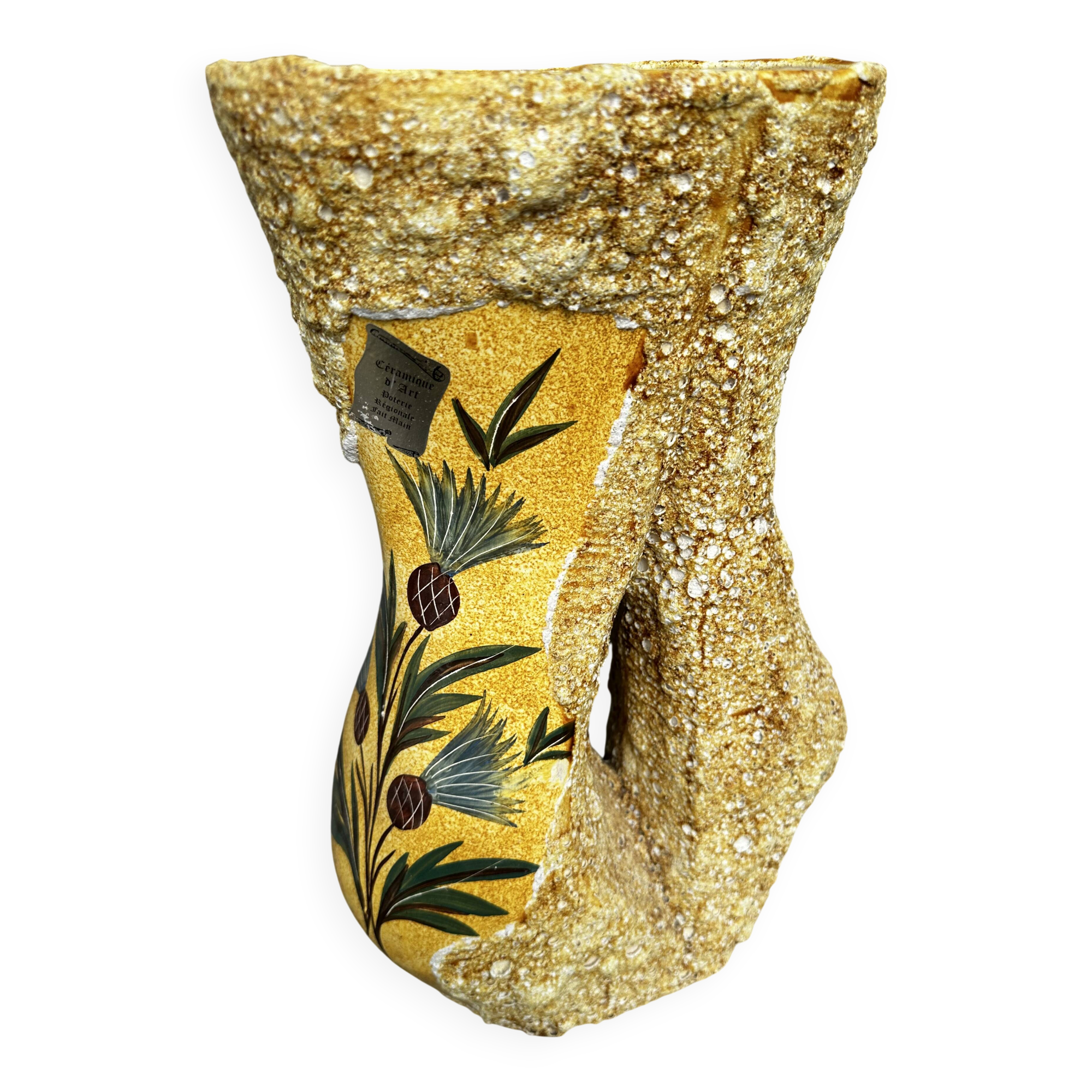 Large Glazed Ceramic Vase with Floral and Fat Lava Decor - Vallauris
