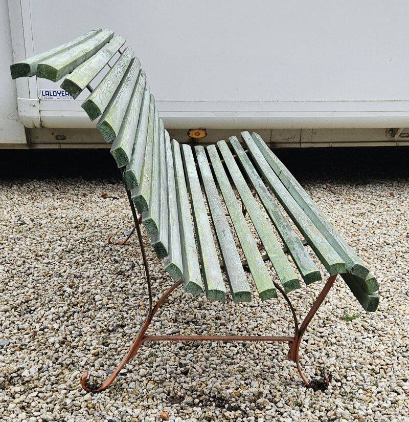 Antique Garden Bench with Wooden Slats and Iron Legs