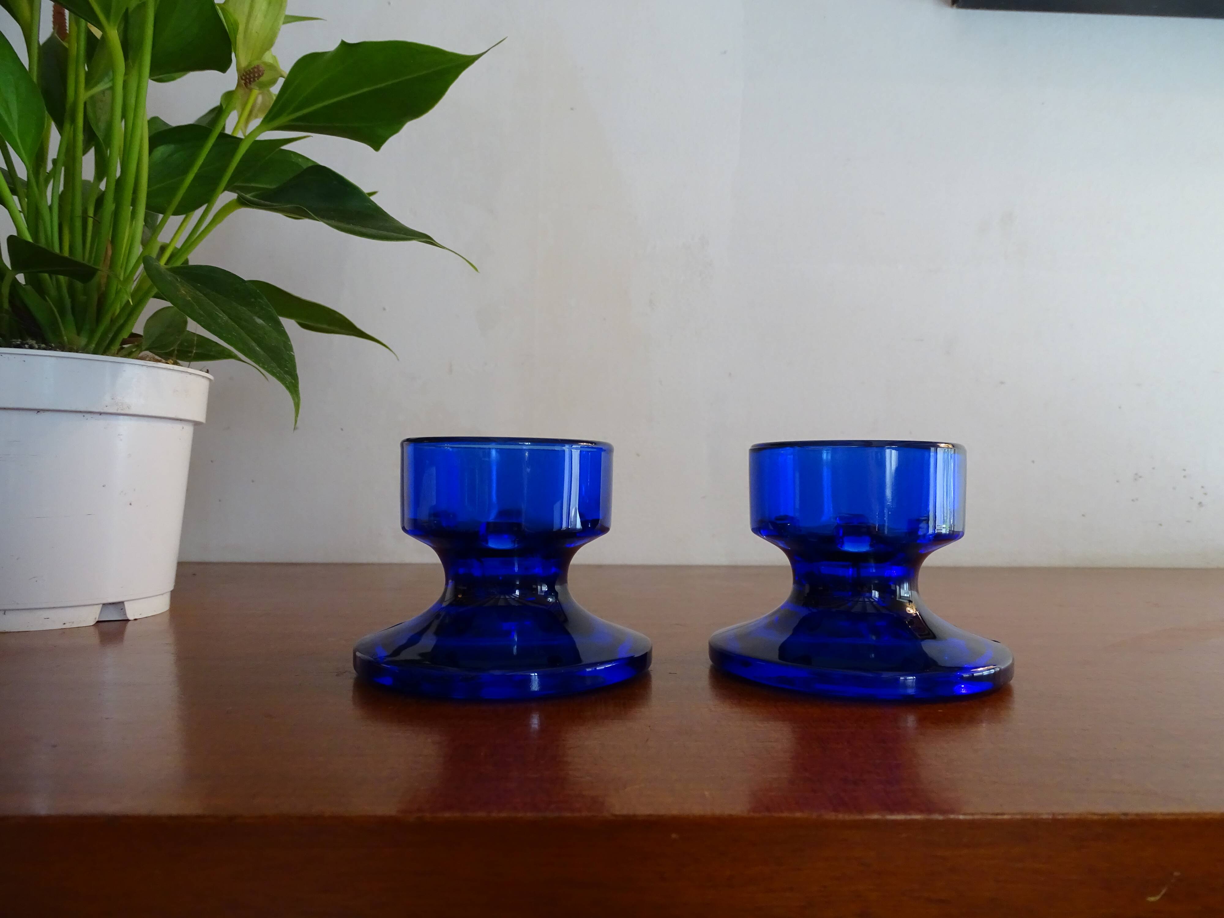 Pair of cobalt blue molded glass candle holders