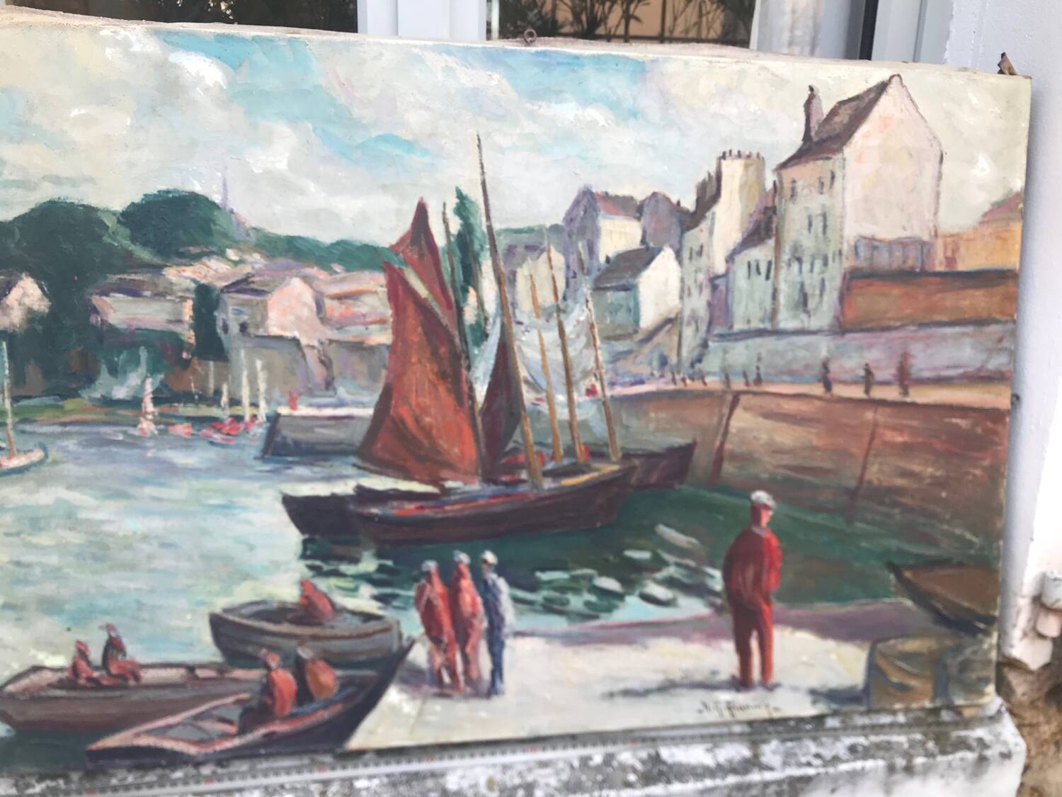 Large old marine oil painting - Sailboats in port.