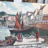 Grande Huile marine ancienne- Voiliers au port.