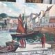 Large old marine oil painting - Sailboats in port.