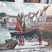 Large old marine oil painting - Sailboats in port.