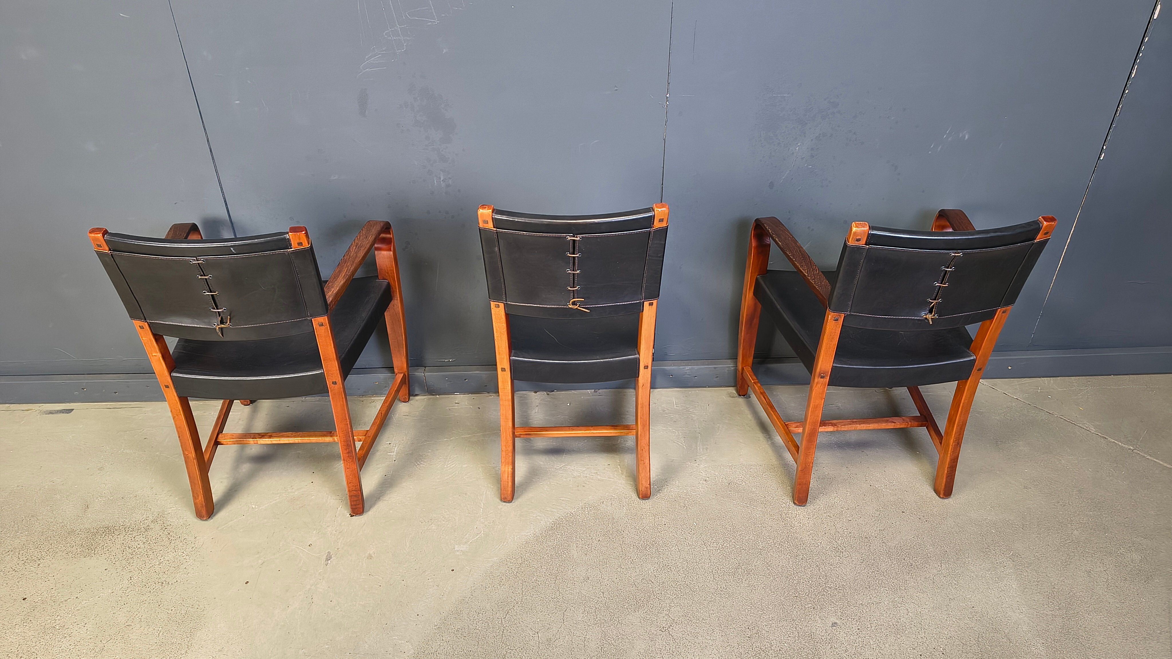 Vintage Spanish leather and wood dining chairs, set of 6 - 1970s