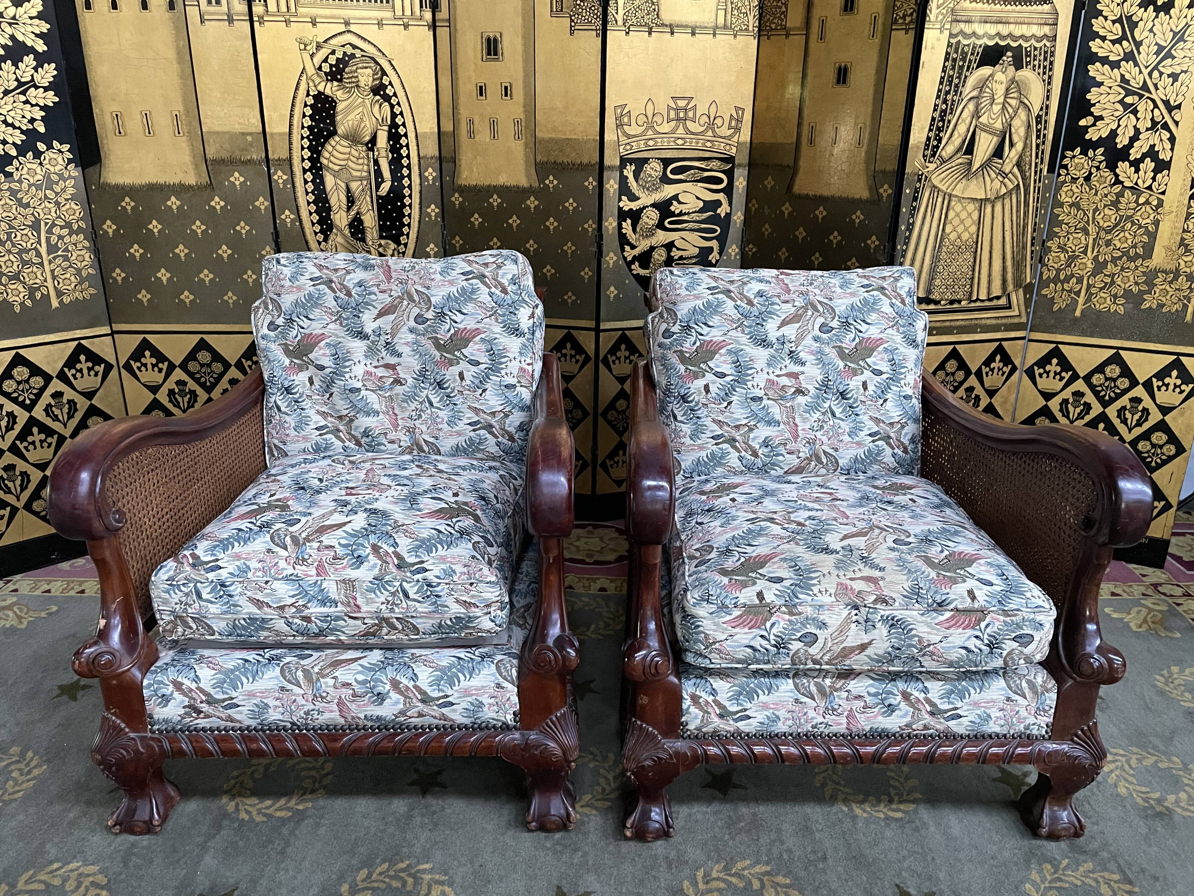 Pair of English mahogany and canning armchairs