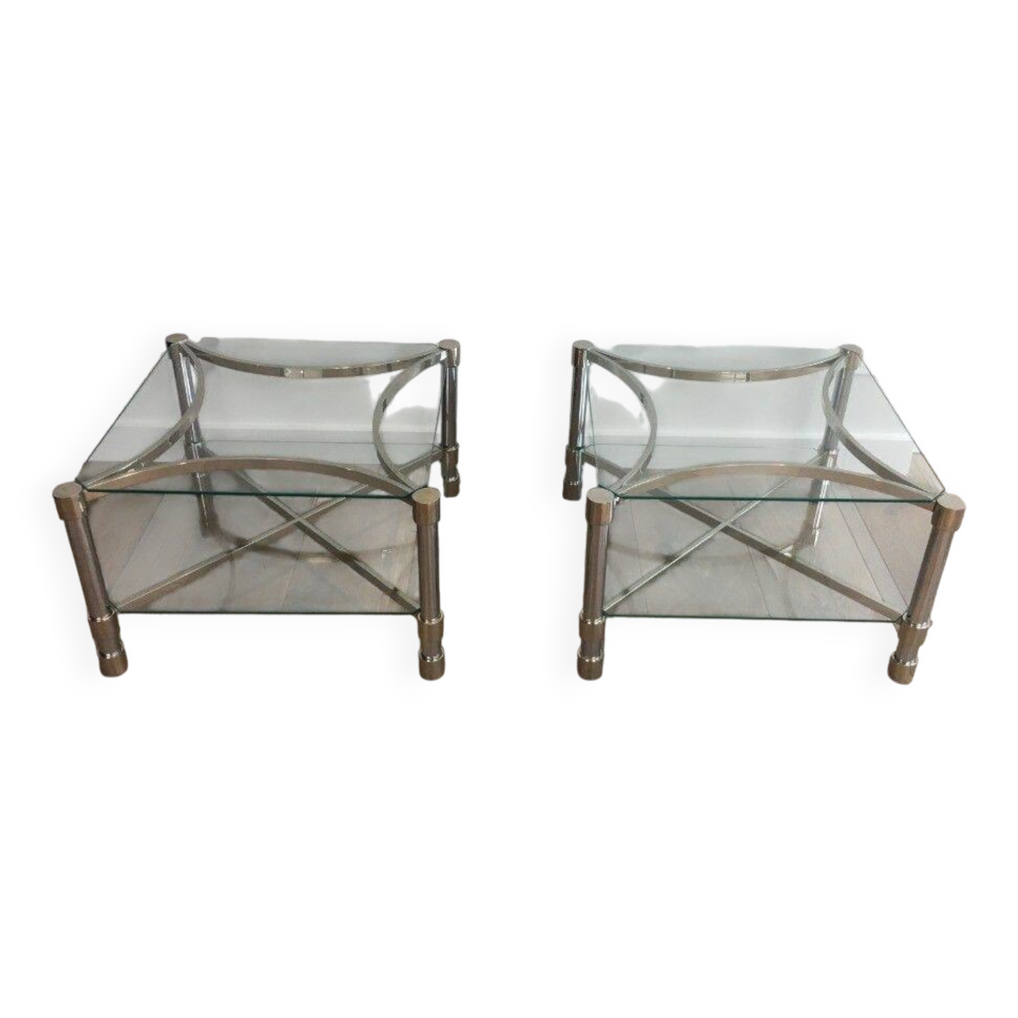 Pair of chrome side tables and glass slabs