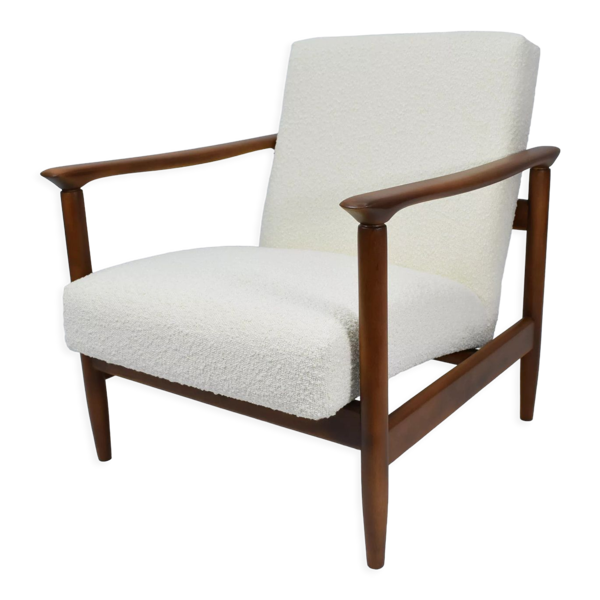 Fauteuil vintage original restauré poil de bras, designer E. Homma, années 1960, blanc bouclé
