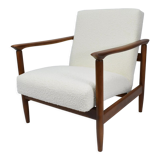 Fauteuil vintage original restauré poil de bras, designer E. Homma, années 1960, blanc bouclé