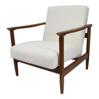 Fauteuil vintage original restauré poil de bras, designer E. Homma, années 1960, blanc bouclé