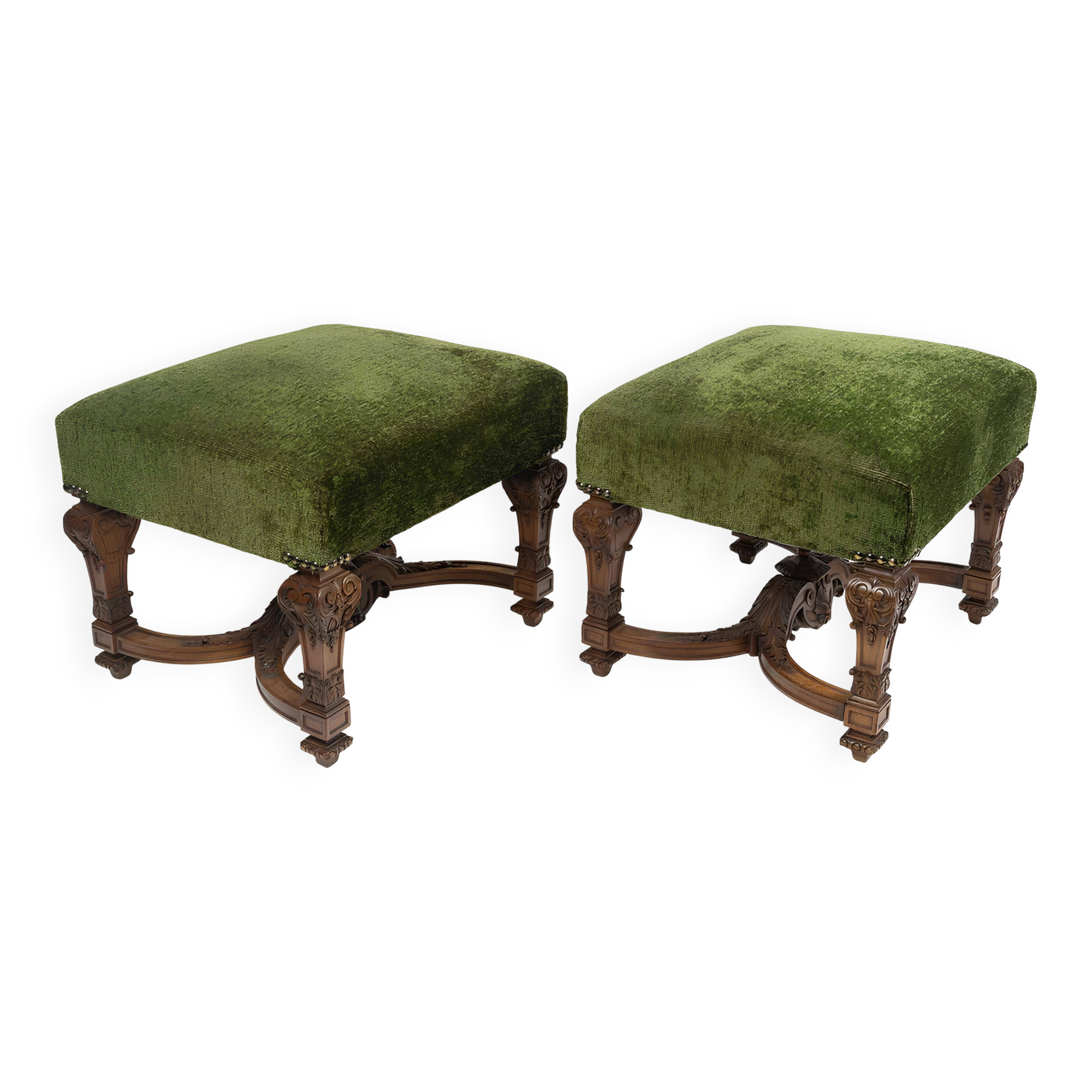 Important Pair of Sculpted Walnut Stools, Louis XIV Style