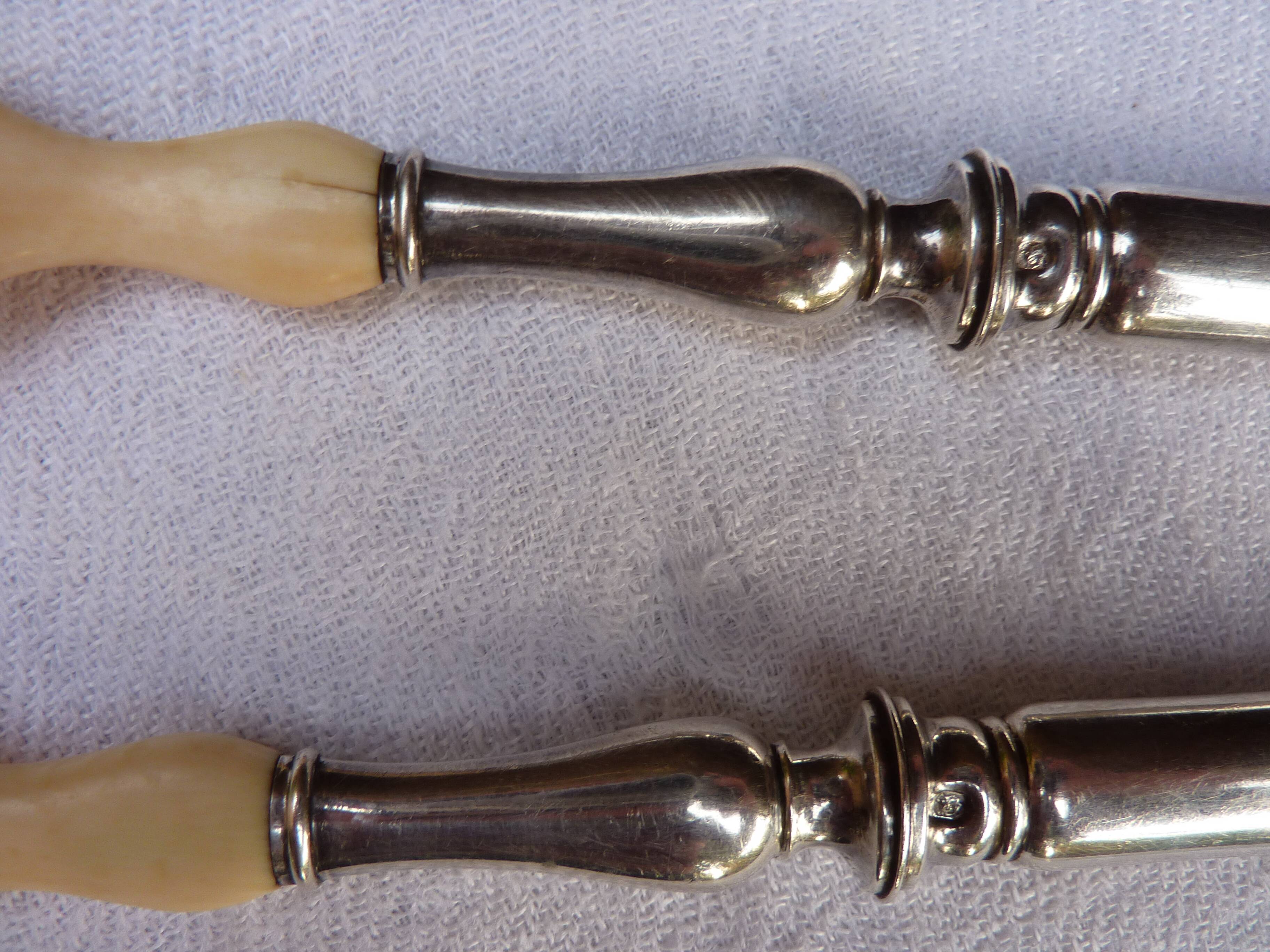 Cutlery with salad in filled silver (minerva hallmark) and ivory, late nineteenth