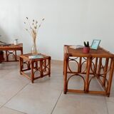 Set of 3 vintage nesting tables in bamboo and woven rattan