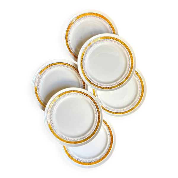 6 assiettes plates St Amand en faïence jaune et dorée