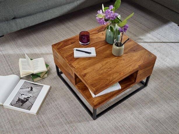 Handcrafted Sheesham Wood Coffee Table – 60x60 cm – Industrial Design with Storage Compartment – Black Steel Legs