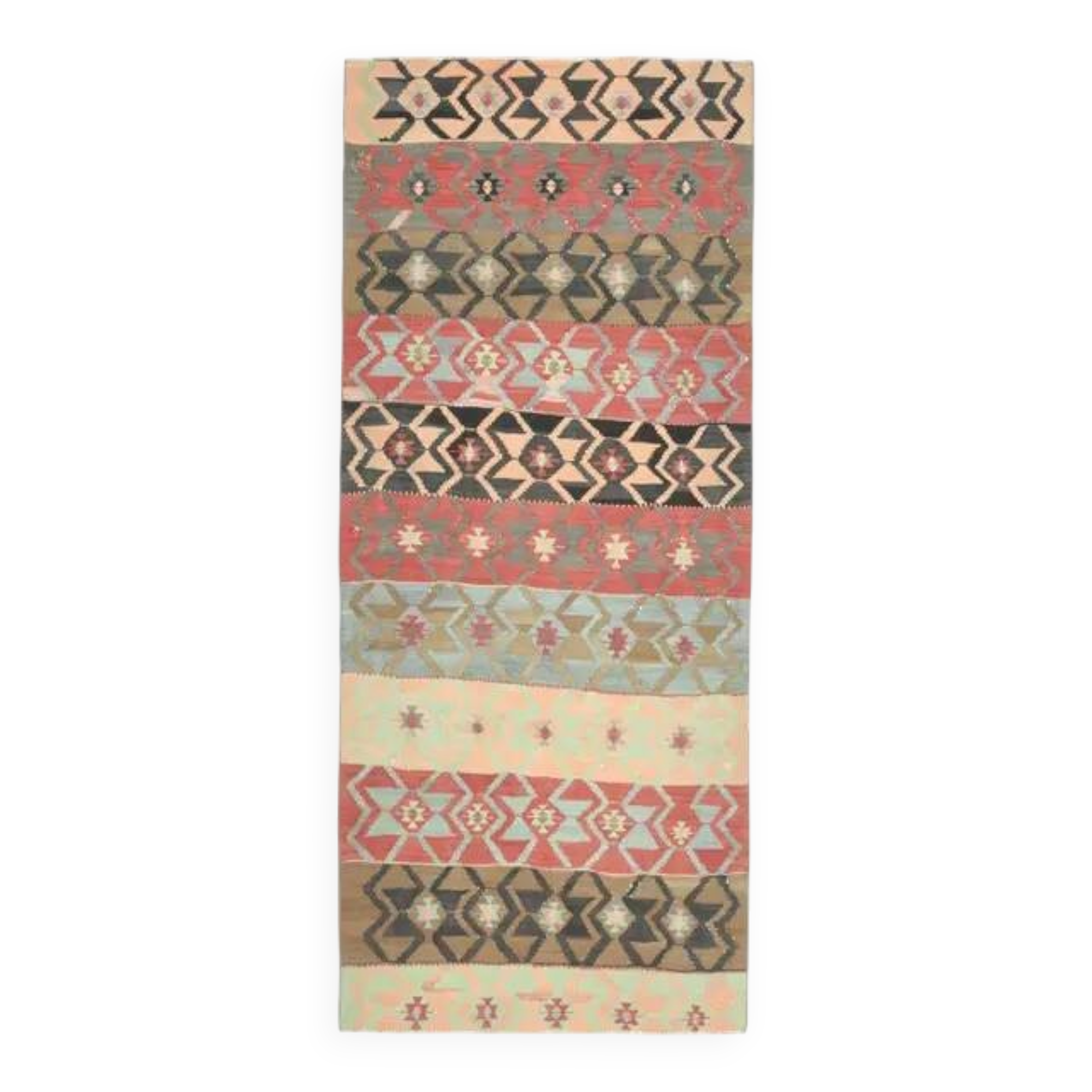 1970s Vintage Turkish Oushak Handmade Wool Cotton Pink Runner Rug 107x255