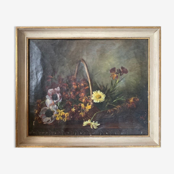 "Still Life with Flowers" Oil on canvas hand painted French School 19th century