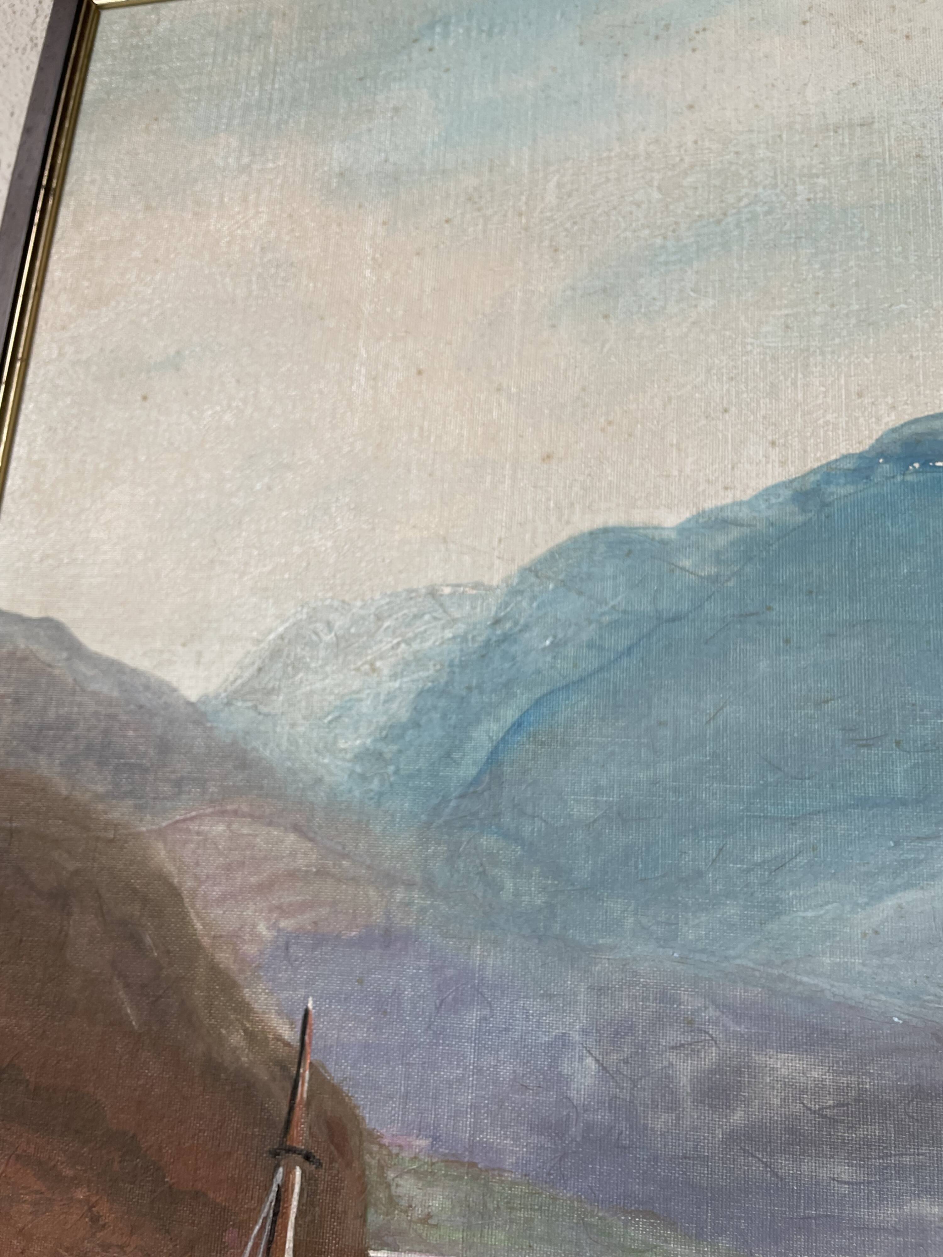 Oil painting on wood boats and lake 1977