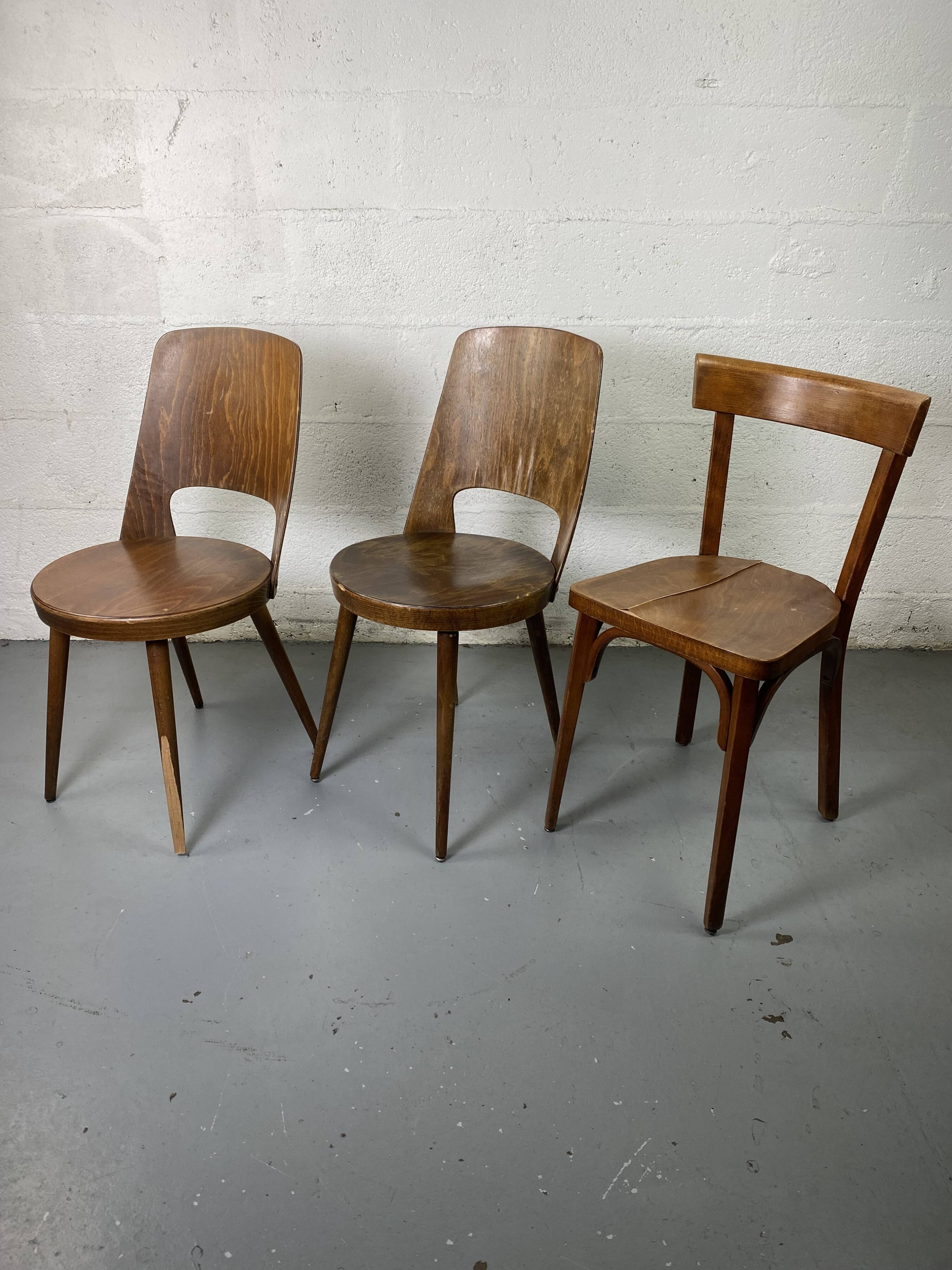 Set of 3 mismatched and damaged bistro chairs
