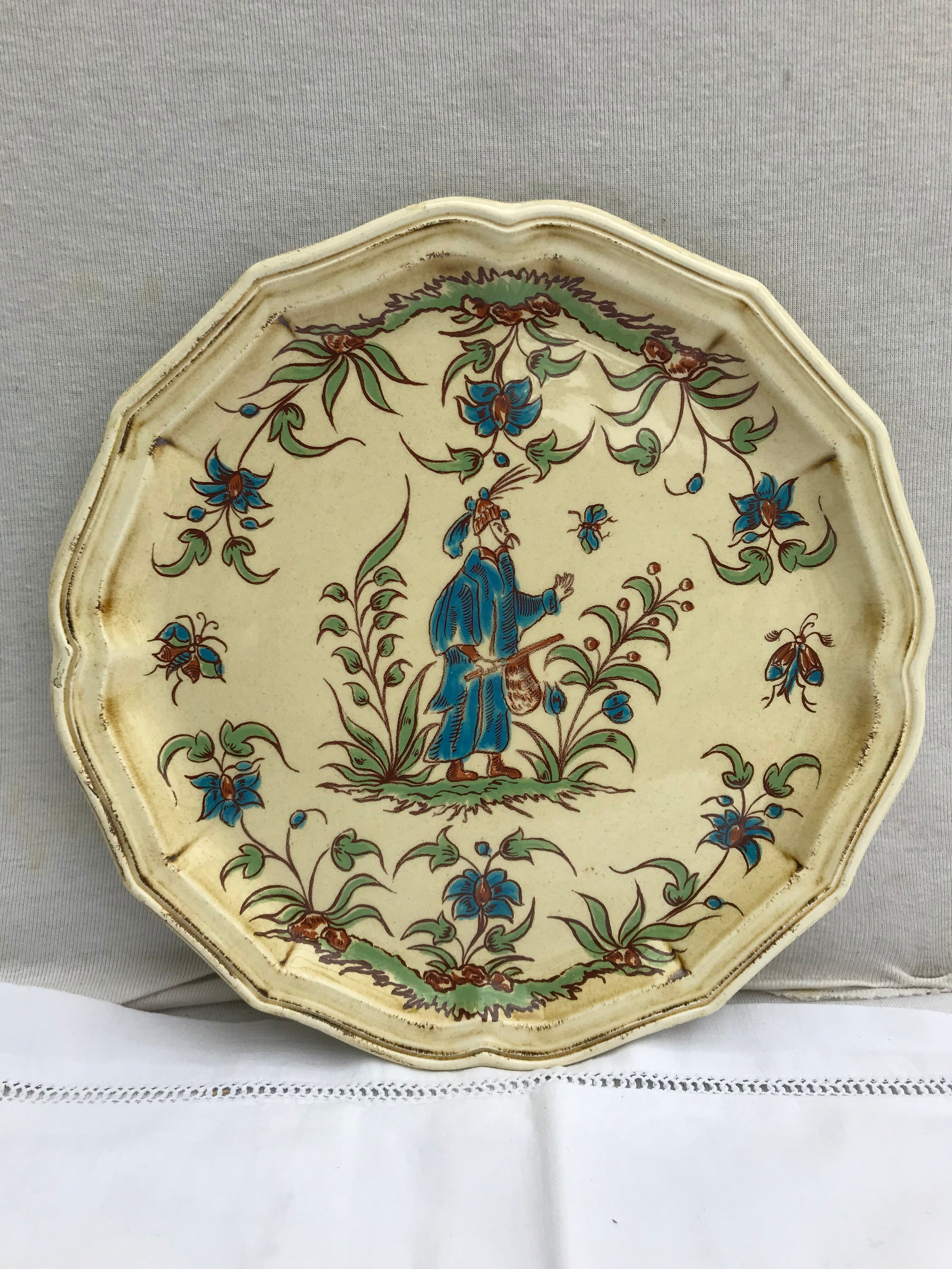 Pair old plate Moustiers Salins ceramics painted france vintage