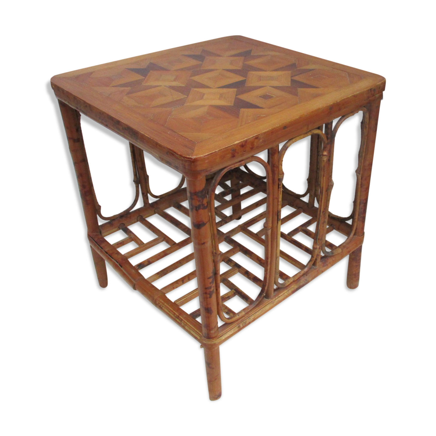 Vintage bamboo coffee table. Marquetry top