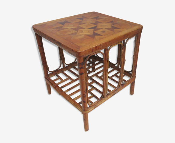 Table basse en bambou vintage dessus marqueterie