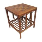 Vintage bamboo coffee table. Marquetry top