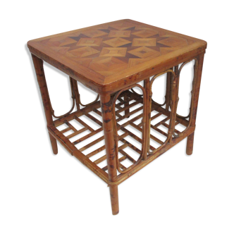Vintage bamboo coffee table. Marquetry top