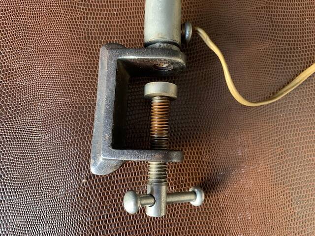 Old workshop lamp, silver metal, flexible, 1950