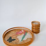 tray and 5 coasters in bamboo and taxidermy butterflies 1970