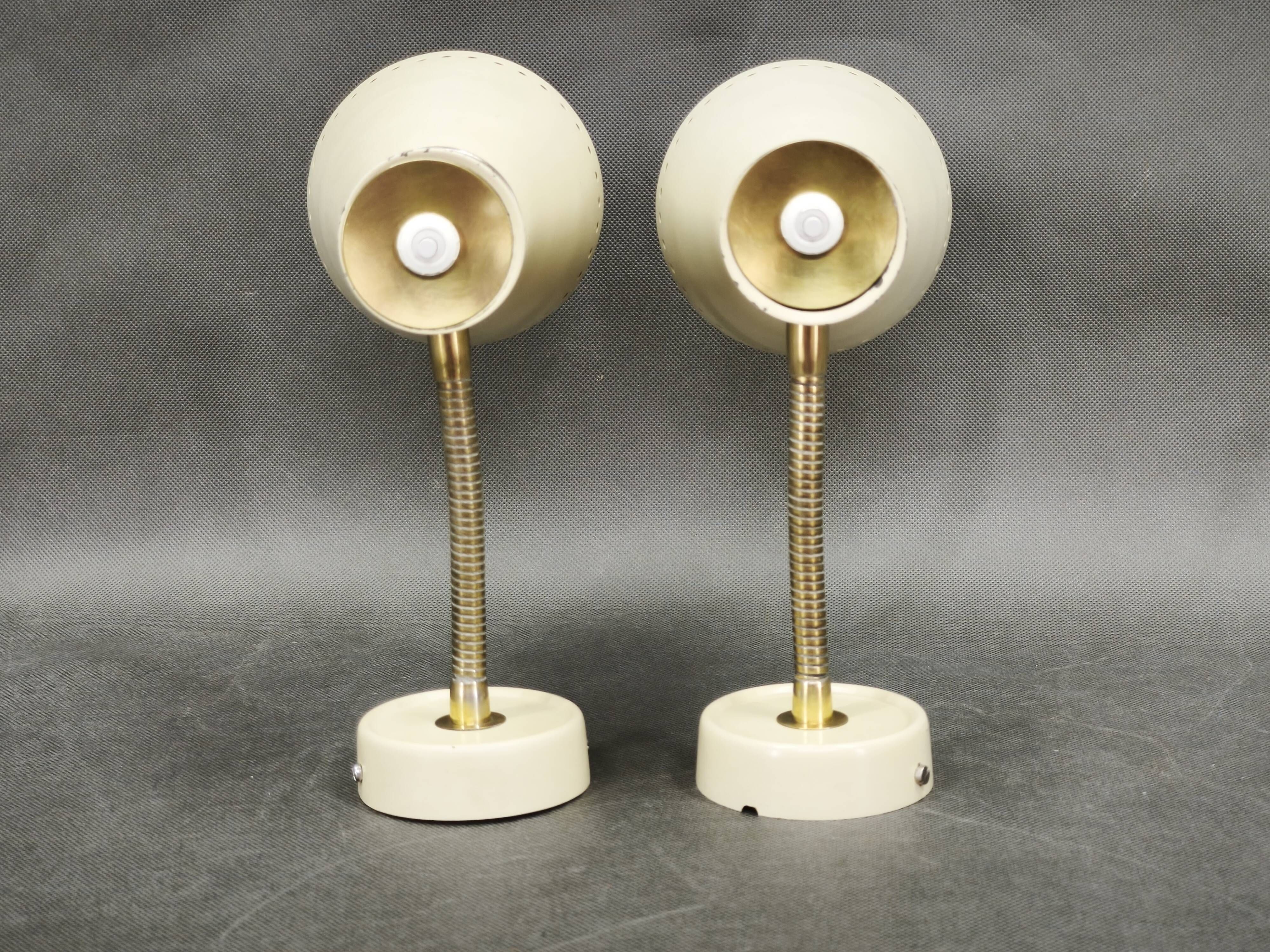 Pair of 1960s German Stilnovo Style Brass and Cream Adjustable Wall Sconces