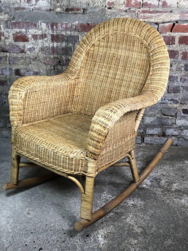 Rocking chair en rotin et bascule bambou 1980