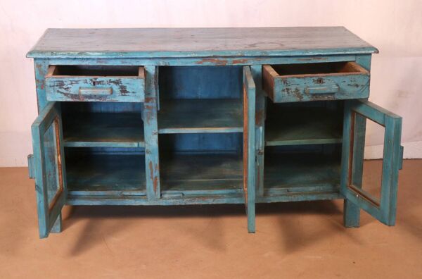 Ancien buffet en teck birman patine bleu d’origine