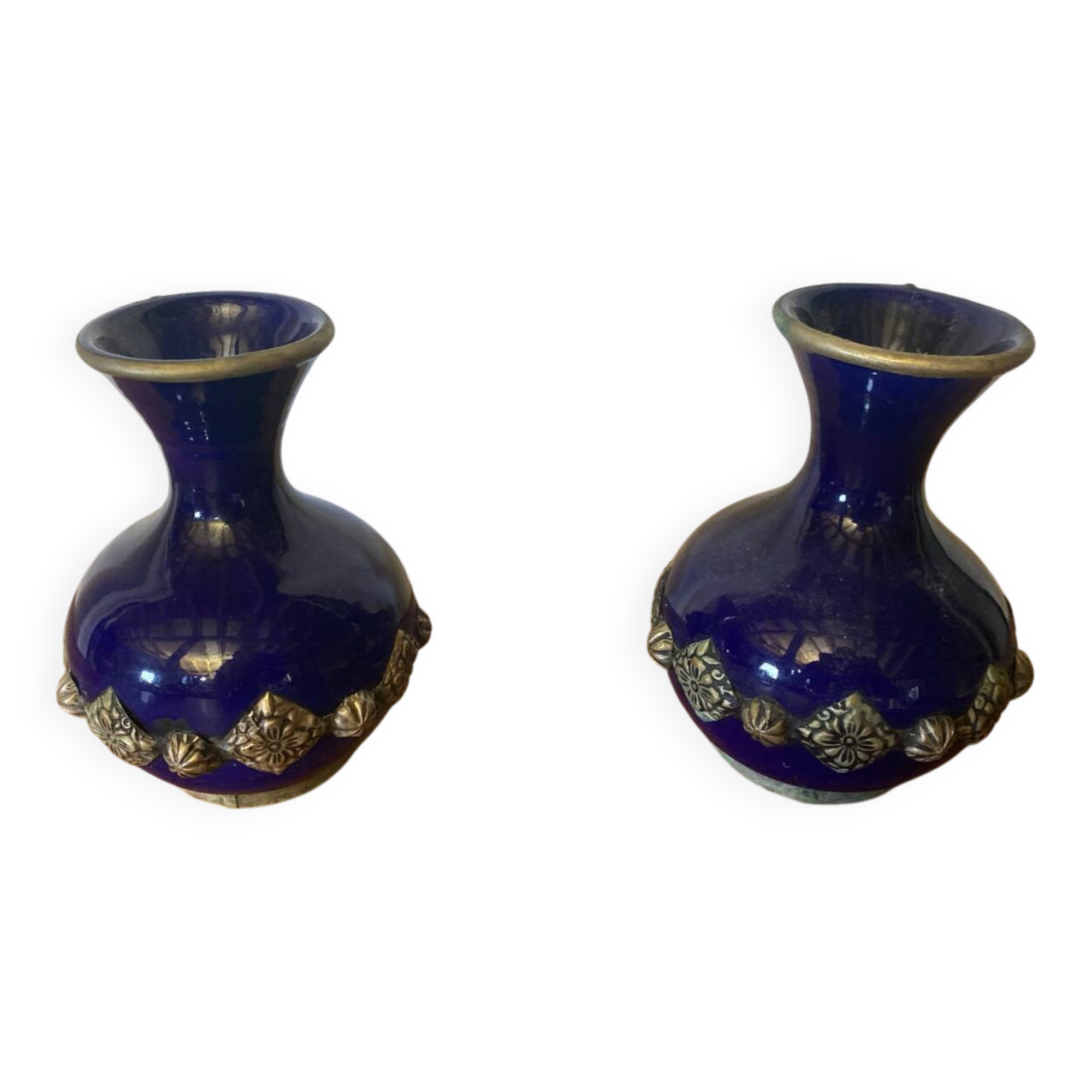 Pair of antique cobalt blue ceramic vases + vintage metal decor